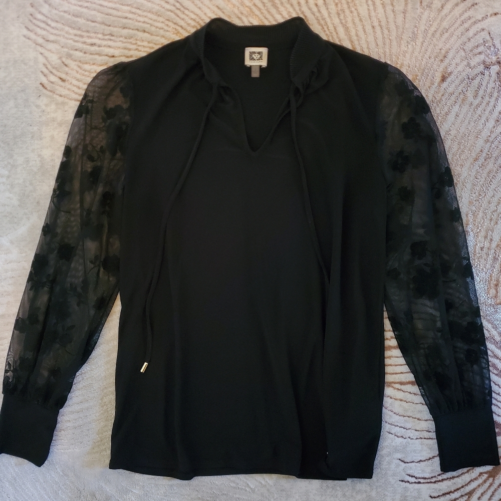 Anne Klein Black Blouse with Sheer Sleeves